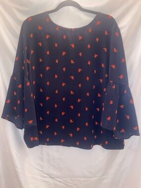 ALFRED SUNG Navy Blouse with Red Leaf Motif and Tiered Flounce Sleeves